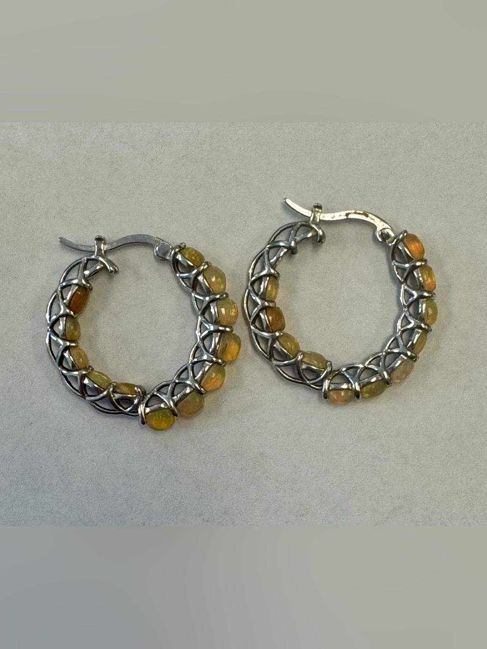 Sterling Silver Hoop Earrings with Amber Beads - Yellow